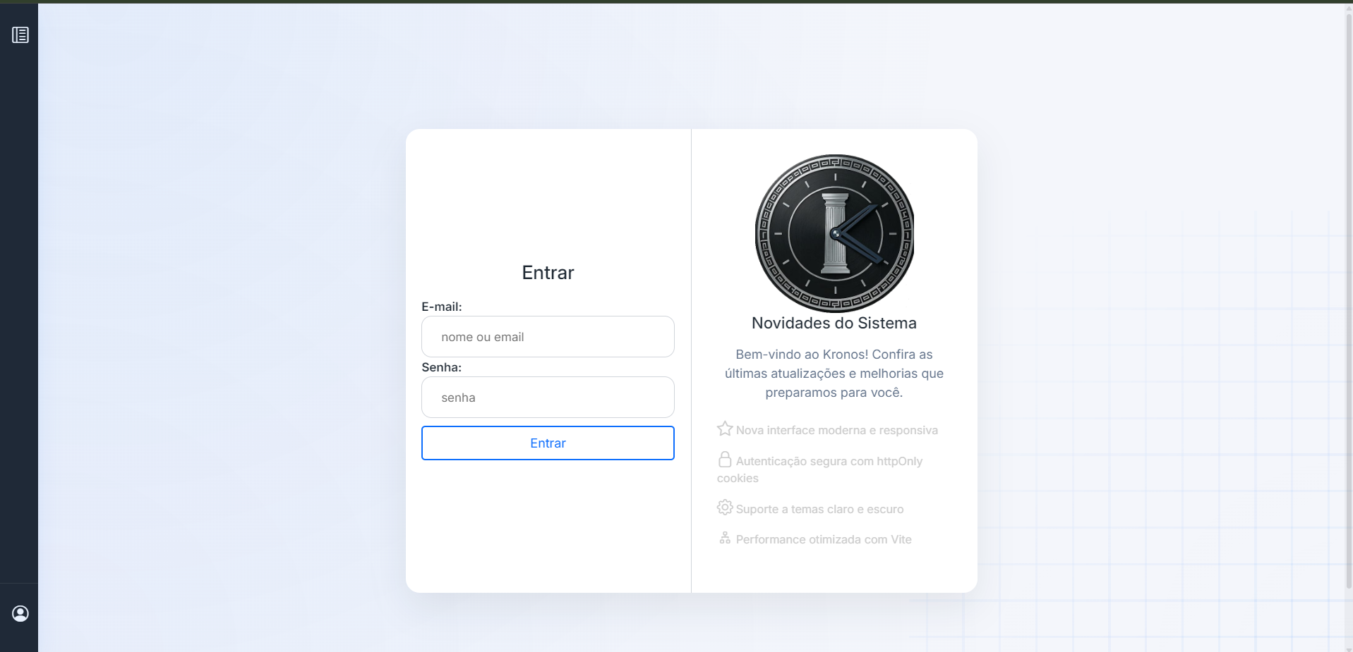 Tela de login do Kronos